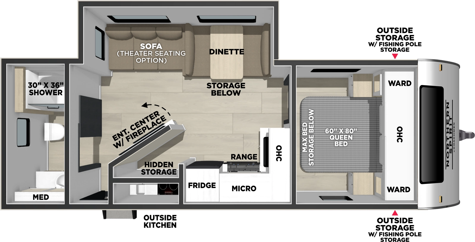 The Northern Spirit 2557RB floorplan has one entry and one slide out. Exterior features include: fiberglass exterior, 18' awning and outside kitchen. Interiors features include: front bedroom and rear bathroom.